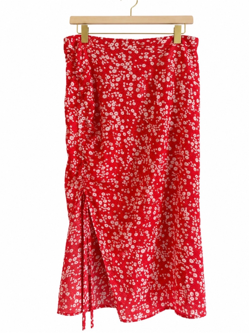 SHEIN Red Floral Midi Skirt with Side Ruching